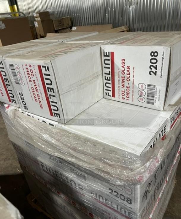 Full pallet of brand new Fineline 8oz clear wine glasses. Includes multiple boxes, labeled 1 piece each, SKU 2208.