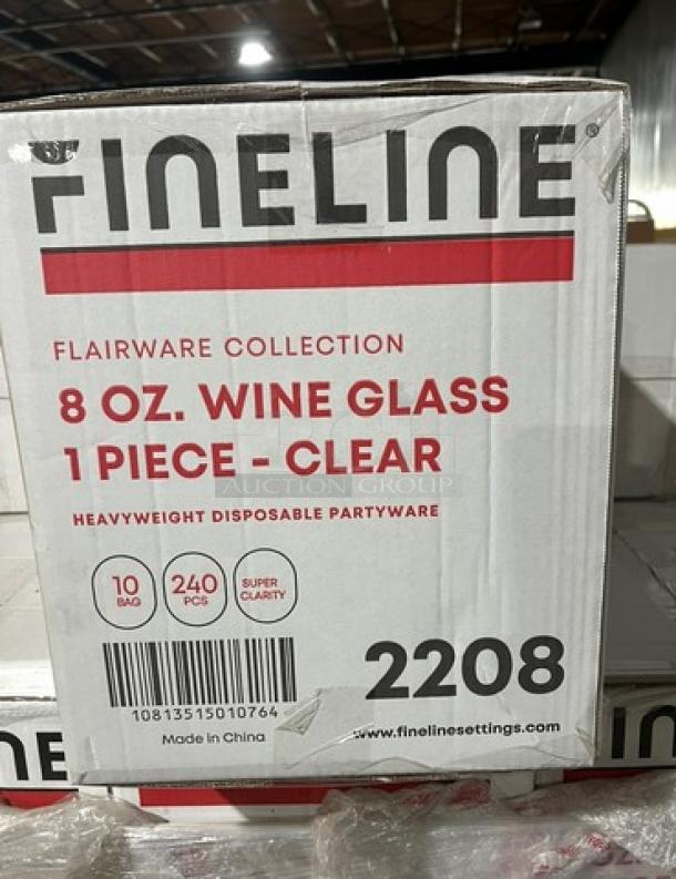 Box of Fineline 8oz clear wine glasses from the Flairware Collection, 240 pieces, heavyweight disposable partyware, new condition.