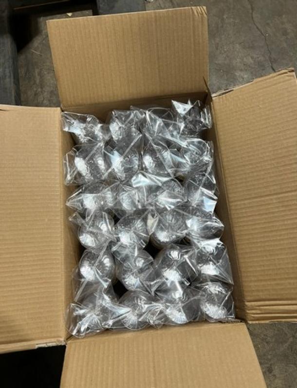 Box of new Fineline commercial clear 8oz wine glasses, wrapped in plastic. Full pallet available, auction multiplier 29X.