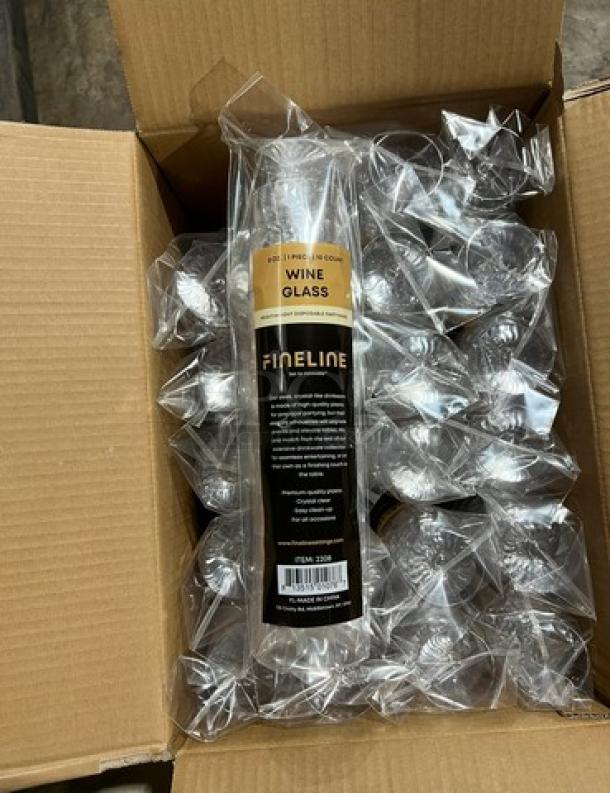 Box of Fineline commercial clear 8oz wine glasses, new condition, labeled "Wine Glass," full pallet available, 29x bid.