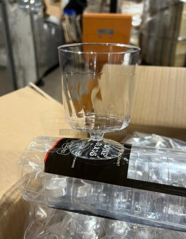 Brand new Fineline Commercial 8oz clear wine glasses on a full pallet. Includes packaging. Auction: 29X your bid.