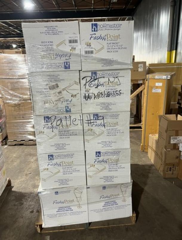 Pallet of brand new Hoffmaster Fashn Point 15.5"x15.5" Ultra Ply Dinner Napkins, model FP1314, in original packaging.