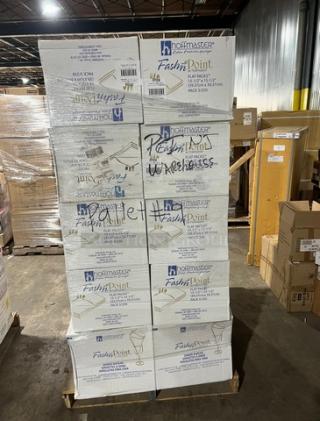 Pallet of brand new Hoffmaster Fashn Point 15.5"x15.5" Ultra Ply Dinner Napkins, model FP1314, in original packaging.