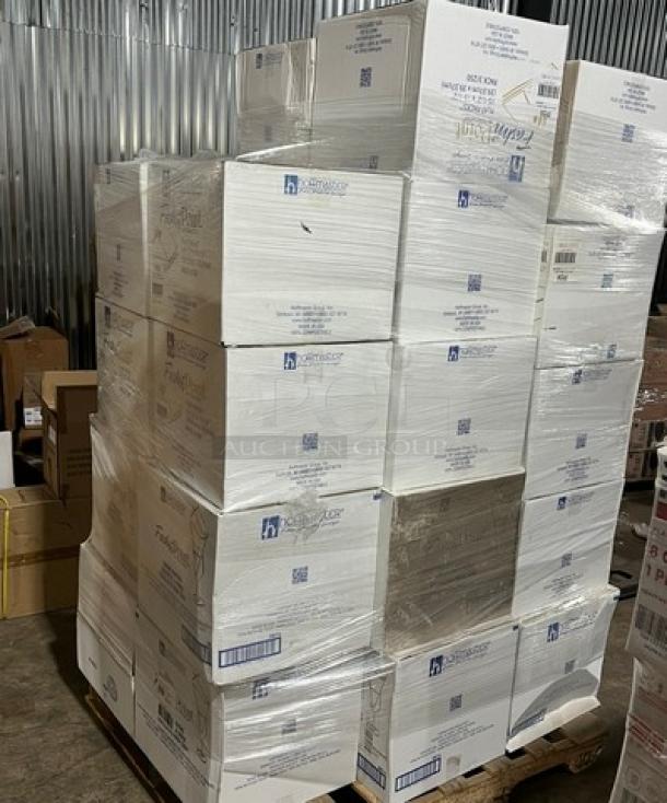Full pallet of Hoffmaster Fashn Point Series Ultra Ply Dinner Napkins, model FP1314, in original packaging.