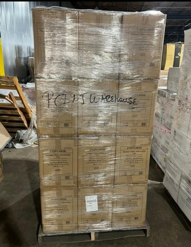 Full pallet of commercial white multi-purpose buckets, model 24X. Brand new, wrapped in plastic. Warehouse markings visible.