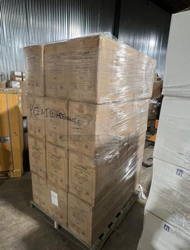 Full pallet of brand new commercial white multi-purpose buckets, Model 24X. Boxes are shrink-wrapped and labeled for PEM Warehouse.