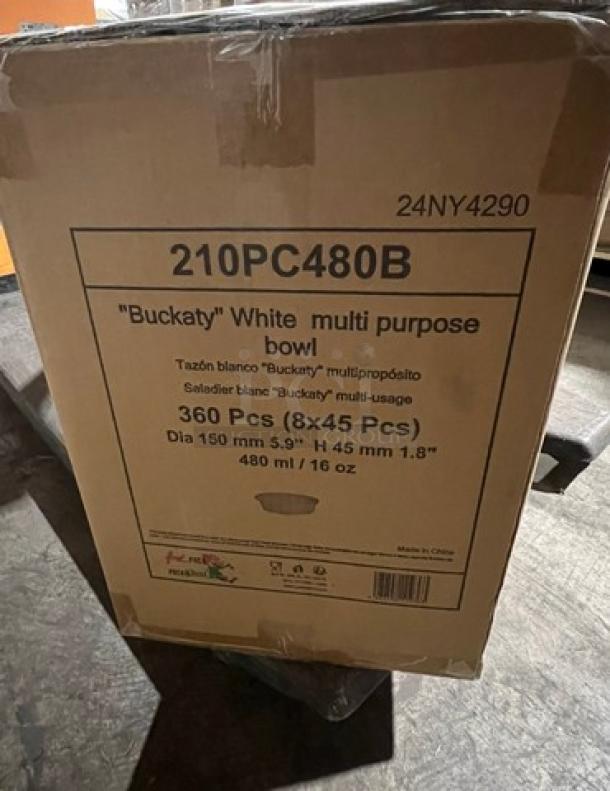 Full pallet of "Buckaty" white multi-purpose bowls, model 210PC480B, 360 pieces, 480 ml capacity, new condition.