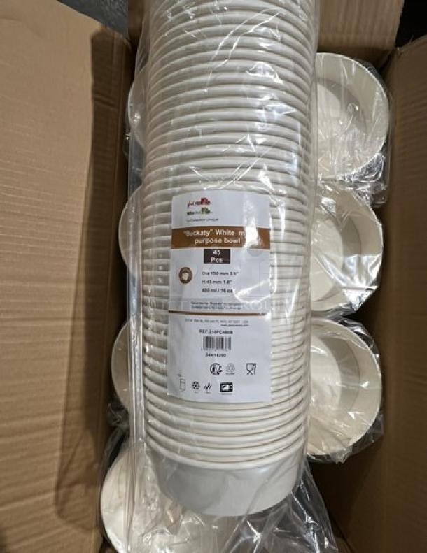 Full pallet of brand new commercial white multi-purpose buckets, Model 24X, labeled for versatile use.