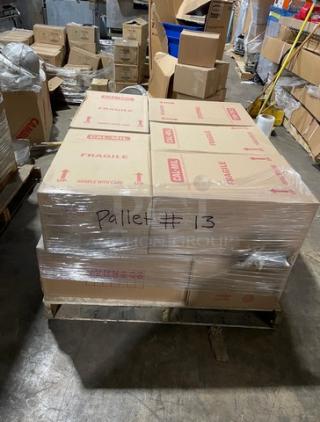 Full pallet of new Cambro 16CW white food storage pans, boxed, labeled "Pallet #13" and "Handle With Care," wrapped in plastic.