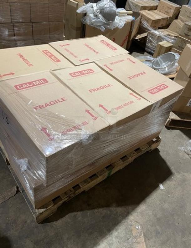 Full pallet of brand new Cambro 16CW commercial white food storage pans, boxes labeled "Fragile" and "Cal-Mil."