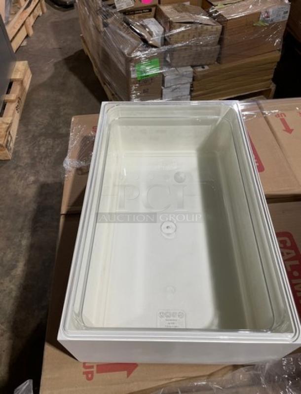 Brand new Cambro 16CW commercial white food storage pan on pallet, pristine condition, durable plastic, full capacity.