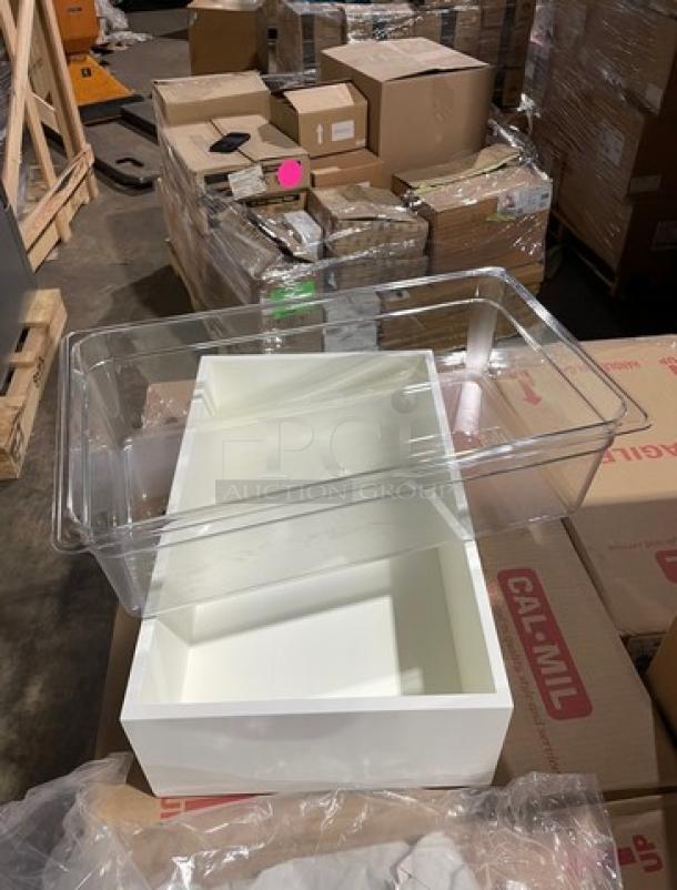 Cambro 16CW commercial white food storage pans, brand new, on a full pallet. Stacked with clear lids.