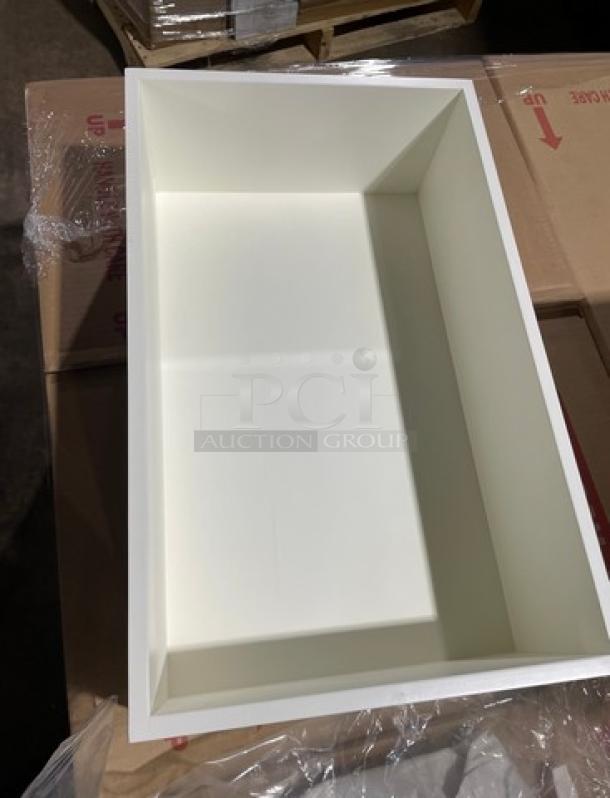Brand new Cambro 16CW commercial white food storage pan on a pallet. Durable plastic, pristine condition, bulk set.