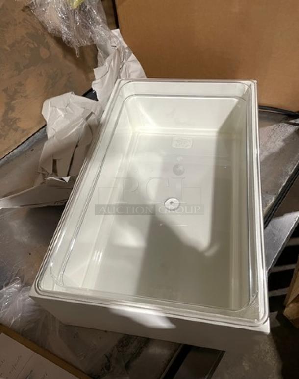 Brand new Cambro 16CW white food storage pan on a pallet. Durable commercial quality, pristine condition.