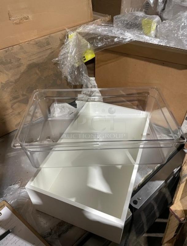 Brand new full pallet of Cambro commercial white food storage pans, model 16CW, in pristine condition.