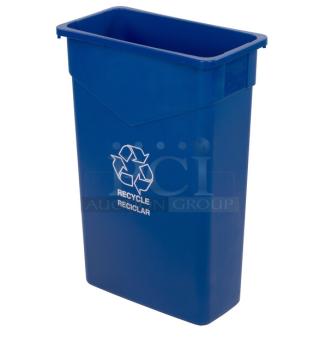 Carlisle TrimLine 23 Gal. blue recycle bin, model 342023REC14, brand new, rectangular, durable plastic, recycle symbol.