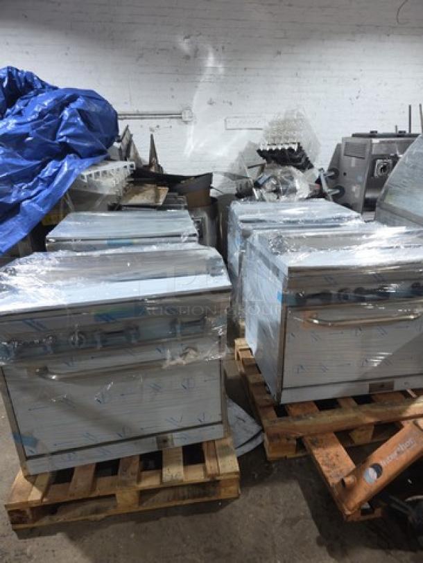 Asber 6B-G 6 burner gas range with full-size oven, new with minor cosmetic flaws, wrapped on a pallet.