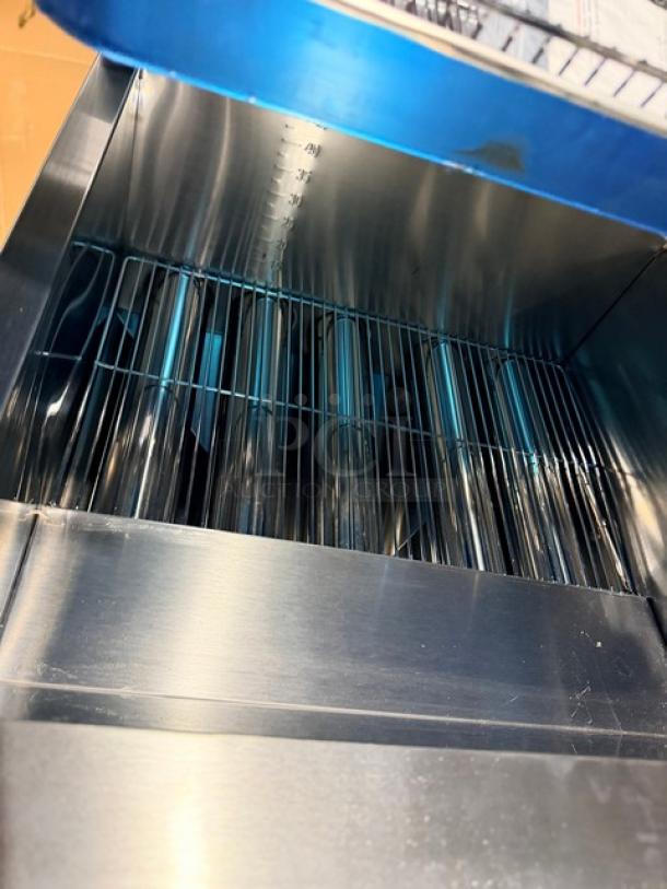 Brand new Goreous all stainless steel dual bay electric deep fat fryer, cabinet base style, visible interior heating elements.