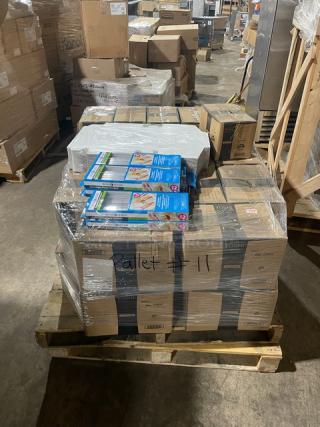 Mixed pallet of commercial dishware and accessories, featuring EMI-SP6W 6.5" dessert plates, EMI-GWDF 7.75" dinner forks, bakery cornerlocks, and expandable drawer dividers, pallet number 11, brand new and shrink-wrapped for auction.