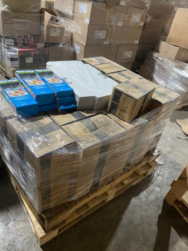 Mixed pallet with boxes of EMI-SP6W dessert plates, EMI-GWDF dinner forks, bakery cornerlocks, and drawer dividers. Brand new.