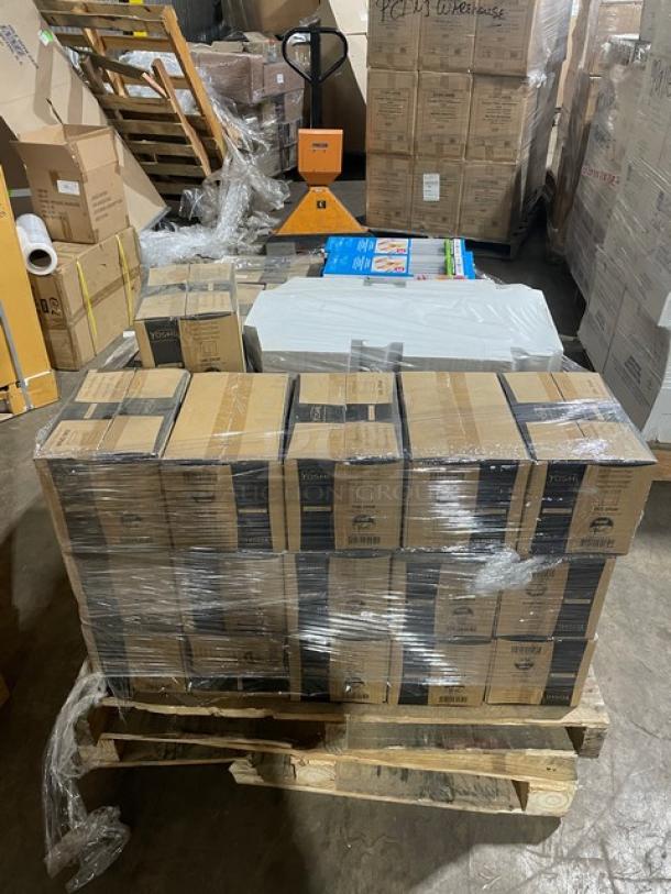 A wrapped pallet with boxes of EMI-SP6W dessert plates, EMI-GWDF dinner forks, and bakery cornerlocks, in new condition.