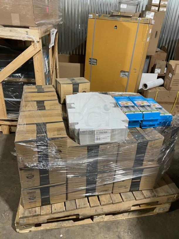 Brand new mixed pallet with EMI-SP6W dessert plates, EMI-GWDF dinner forks, 8x8x4 bakery cornerlocks, expandable drawer dividers.