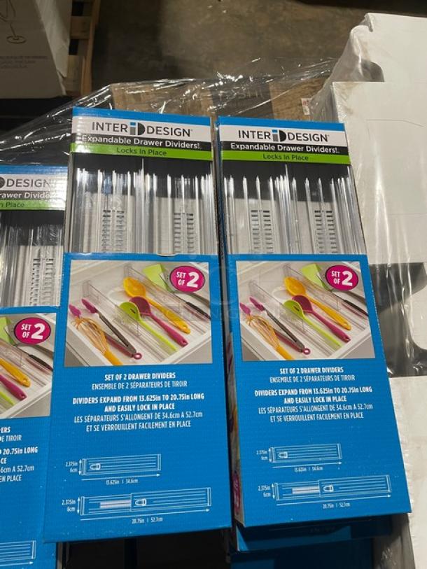 InterDesign expandable drawer dividers, two sets displayed. Boxes show product images and specifications, unopened and new.