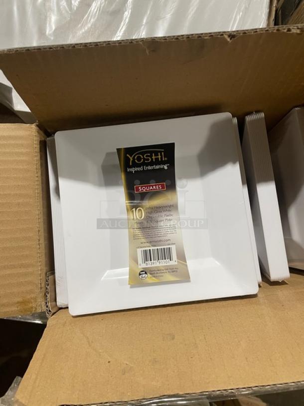 Brand new mixed pallet with Yoshi white 6.5" dessert plates, model EMI-SP6W. Includes commercial silver forks EMI-GWDF, bakery cornerlocks, expandable drawer dividers.