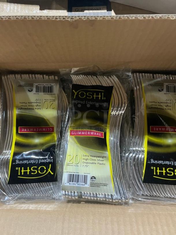 Box of Yoshi Glimmerware silver disposable forks, 20-count packs, 7.75" size, in original packaging.