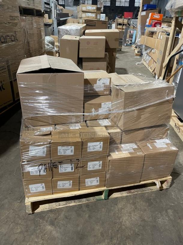 Wrapped pallet with assorted commercial kitchenware, including tile trays, glass tumblers, wine glasses, scales, bowls, pans, platters, and plates. Model numbers visible.