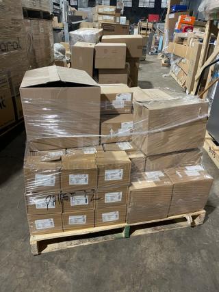 Wrapped pallet with assorted commercial kitchenware, including tile trays, glass tumblers, wine glasses, scales, bowls, pans, platters, and plates. Model numbers visible.