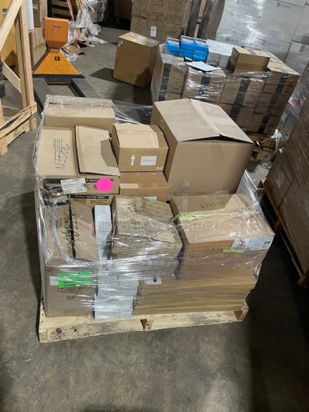 Pallet of assorted commercial kitchenware, including tile trays, glass tumblers, wine glasses, bowls, pans, and more, wrapped in plastic.