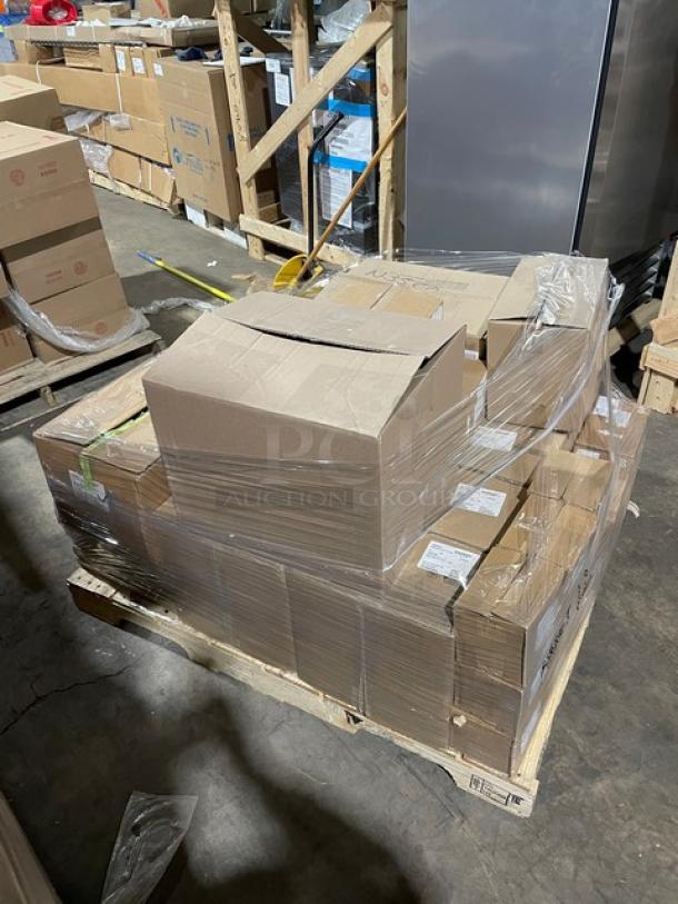Mixed pallet of commercial kitchenware in boxes, wrapped in plastic. Includes models 9660, 64624, D27CM, and more.