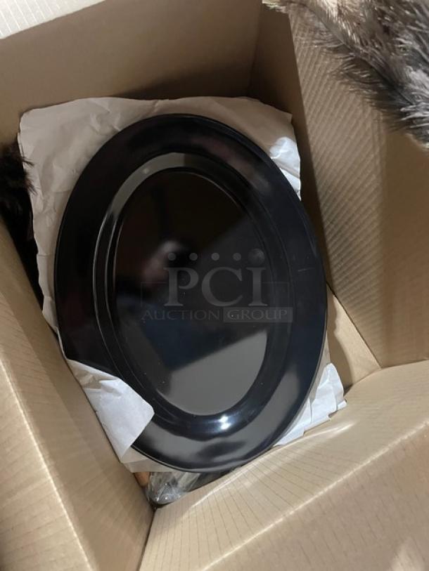 Boxed black Milano Commercial Oval Platter, Model OP-618-BK, new condition, wrapped in packing material.