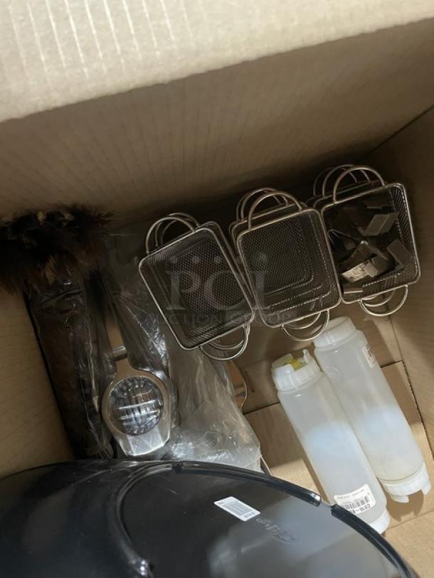 Mixed pallet of commercial kitchenware including trays, tumblers, scales, bowls, pans, and plates. Brand new condition.