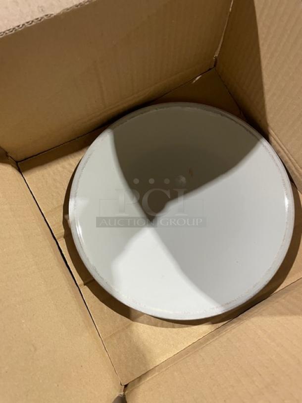 Commercial bowl in cardboard box, likely part of a mixed pallet of kitchenware. New condition, ready for sale.