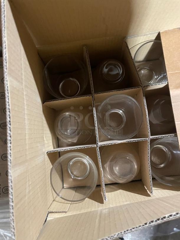 Box containing nine Vidivi Commercial Old Fashioned Glass Tumblers, Model 64624, in new condition with protective dividers.