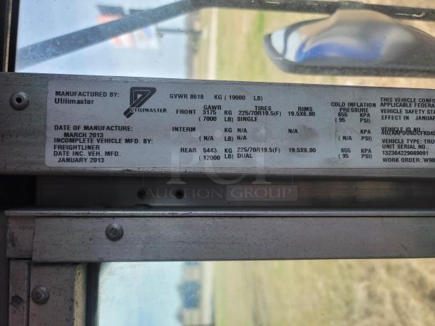 Label on a truck manufactured by Utilimaster, GVWR 8618 kg, dated March 2013. Includes specifications and serial numbers.