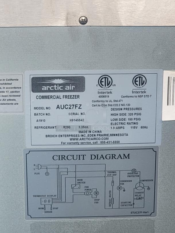 Arctic Air AUC27FZ commercial freezer label, showing model, batch, serial number, refrigerant details, and circuit diagram.