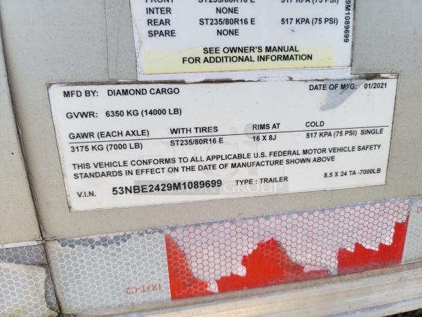 Diamond Cargo trailer label, GVWR 6350 kg, manufactured 01/2021. Tire specs: ST235/80R16 E, rim 16x8J, VIN 53NBE2429M1089699.