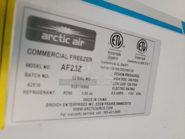 Arctic Air commercial freezer label, model AF23Z, serial H20116986, refrigerant R290, ETL certified, made in China.