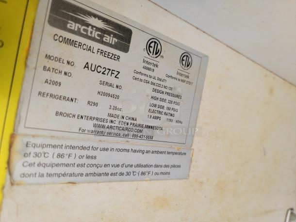 Arctic Air commercial freezer label, Model AUC27FZ, serial H20094520, R290 refrigerant, designed for ambient ≤ 30°C.