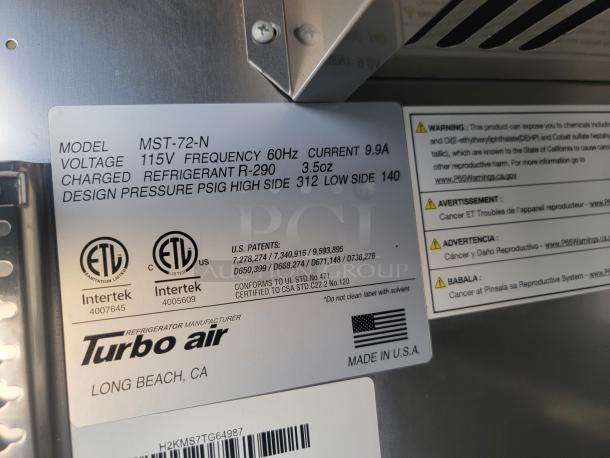 Turbo Air MST-72-N label, showing appliance specs: 115V, 60Hz, 9.9A, R-290 refrigerant. ETL-certified, Made in USA.
