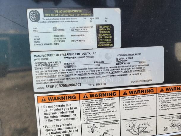 Label on trailer showing manufacturing details by LGS TX, LLC, dated 09/2020. GVWR 4531 kg, with warning and tire information.