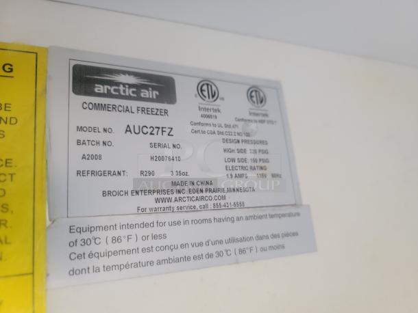 Arctic Air commercial freezer label, model AUC27FZ, serial H20076410. Uses R290 refrigerant. Made in China.