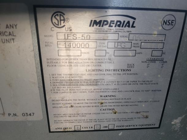Industrial fryer label, Imperial brand, Model IFS-50, 140000 BTUs, LPG gas type. Includes safety instructions and warnings.