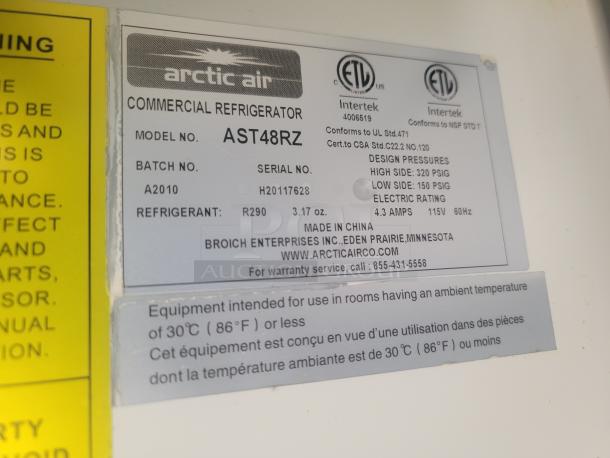 Arctic Air Commercial Refrigerator, Model AST48RZ, serial H20117628, uses R290 refrigerant, 4.3 amps, 115V, made in China.