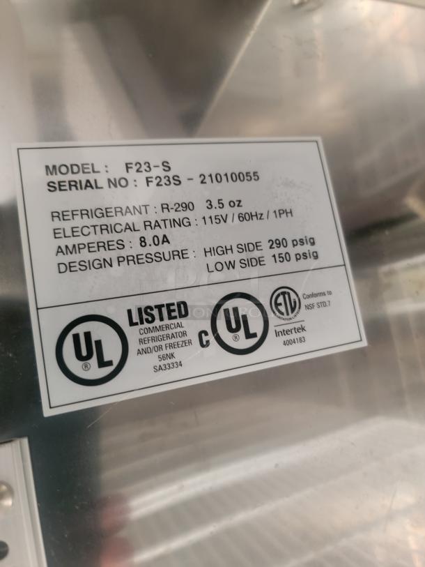 Label for Model F23-S commercial refrigerator/freezer, UL listed, refrigerant R-290, 115V, 8.0A, pressure 290/150 psig.