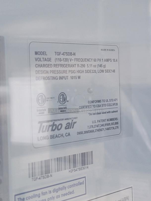 Turbo Air TGF-47SDB-N label; model details, voltage, refrigerant type R-290, defrosting input, made in Korea.