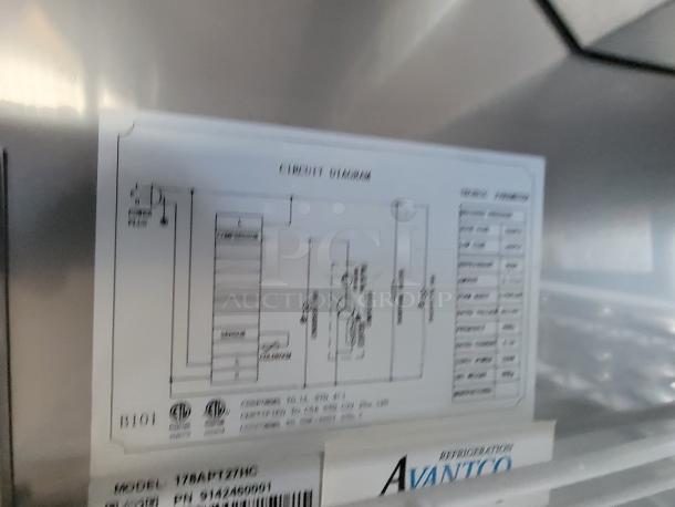 Avanti refrigeration model 17BAHTZ4HG label showing circuit diagram and specifications for electrical setup.